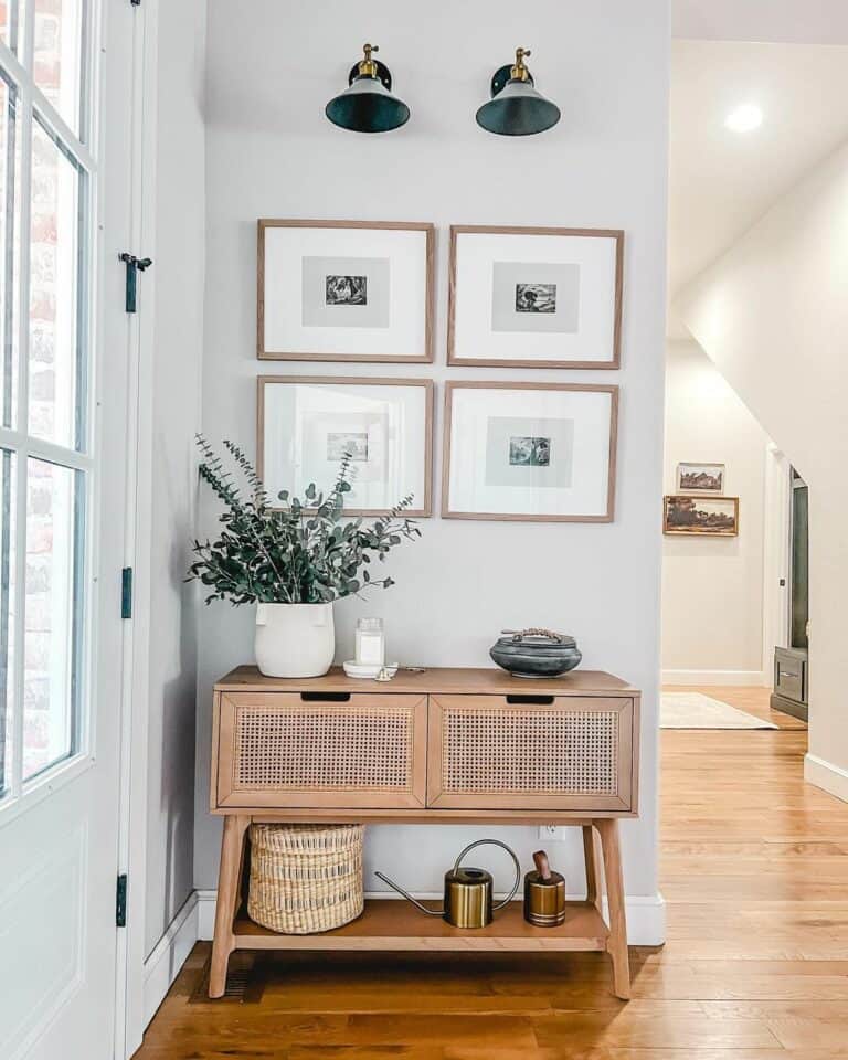 Modern Cane Wood Table With Illuminated Gallery Wall