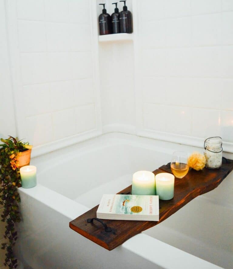 Stained Wood Caddy Across Alcove Bathtub