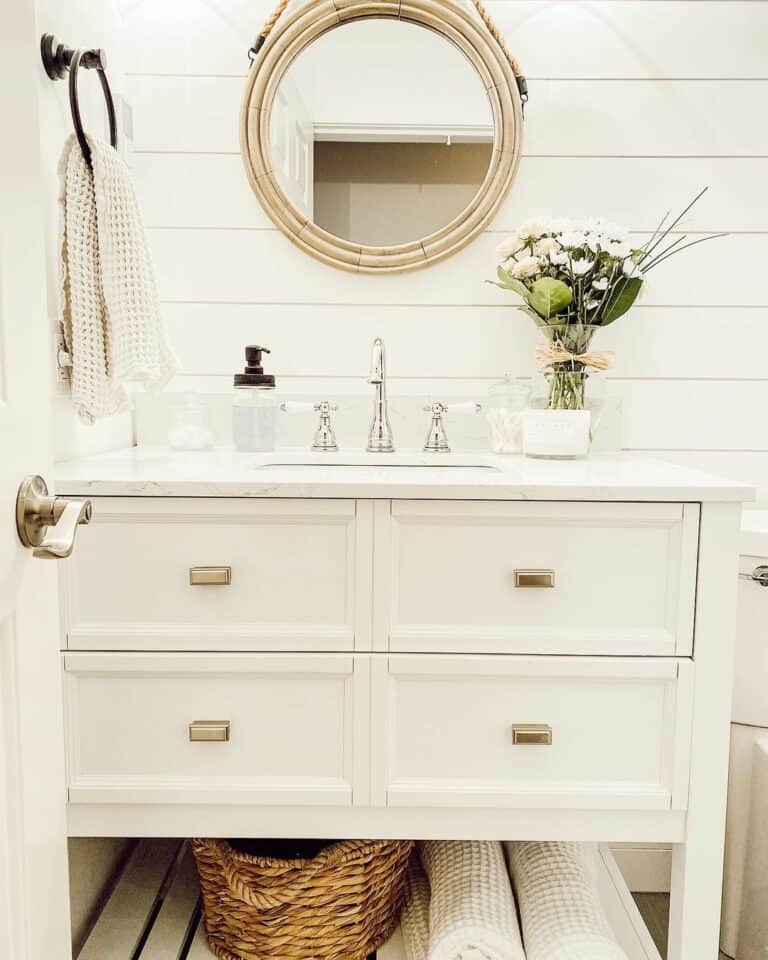 Open Shelf Vanity Against White Shiplap Wall