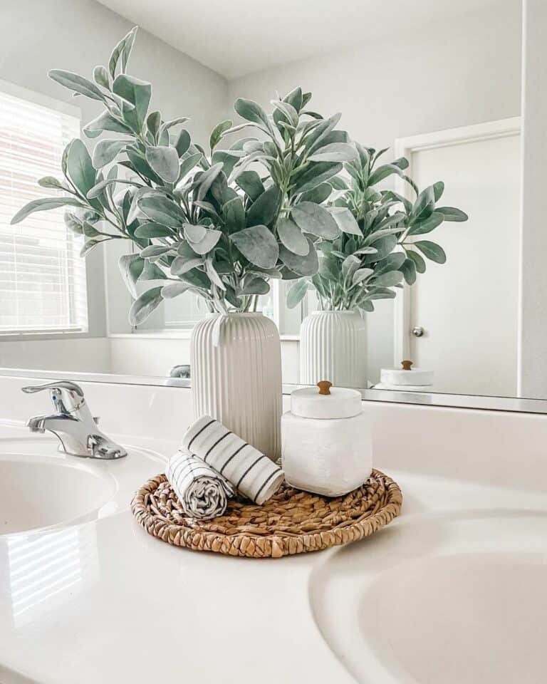 White Farmhouse Décor Accessorizes Dual Sink Vanity