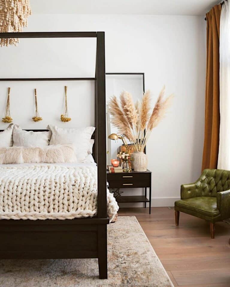 Thick White Knit Blanket and a Green Tufted Chair