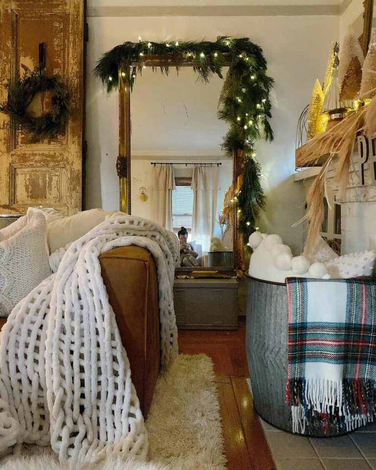 Loosely Knitted Thick White Blanket and a Grey Blanket Barrel