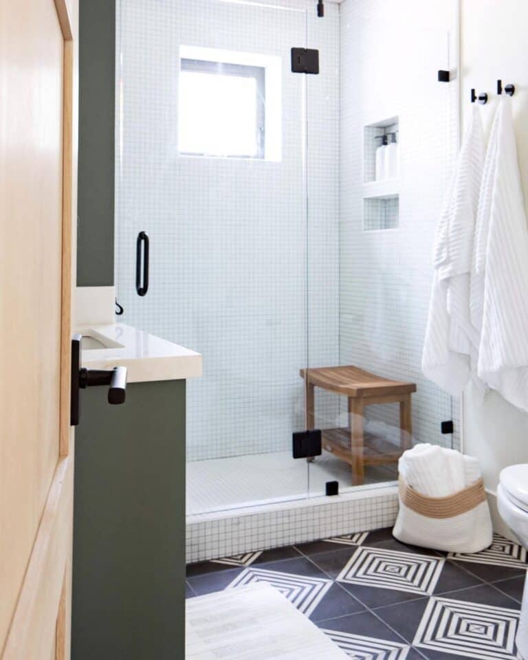 White Grid Tile Shower with Niche