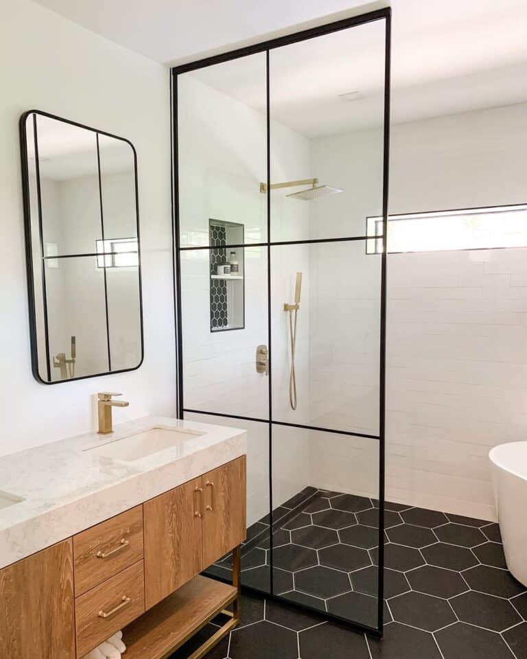 Black Hexagon Tile Shower Niche