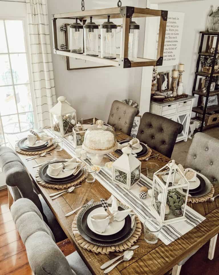 White Lanterns Beneath Farmhouse Chandelier