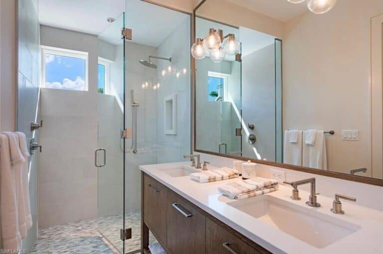 Large Beige Tiles for Shower Walls and Random Tiled Floor