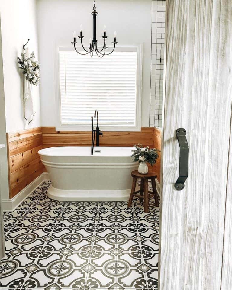Modern Farmhouse Bathroom With Black Chandelier