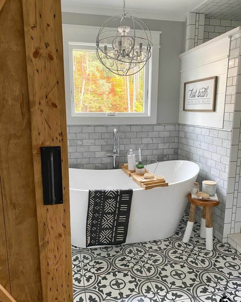Metal Orb Chandelier in Bathroom
