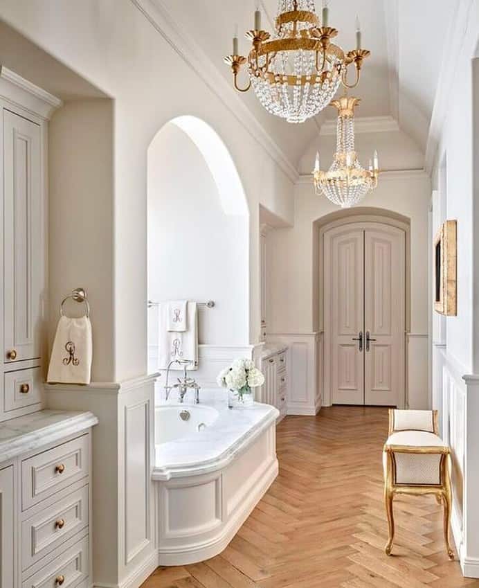 Wooden Herringbone Tile Floor in Bathroom