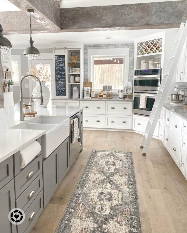 Grey and Beige Kitchen Runner Math and a White Ladder