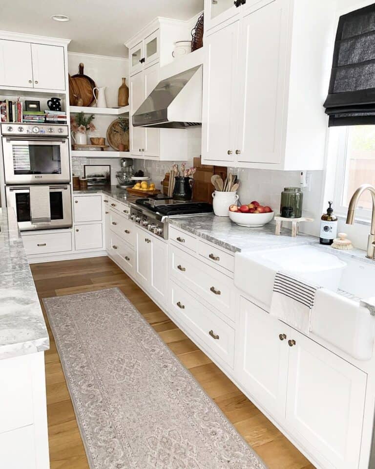 Grey Kitchen Runner Mat in Front of a Kitchen Island