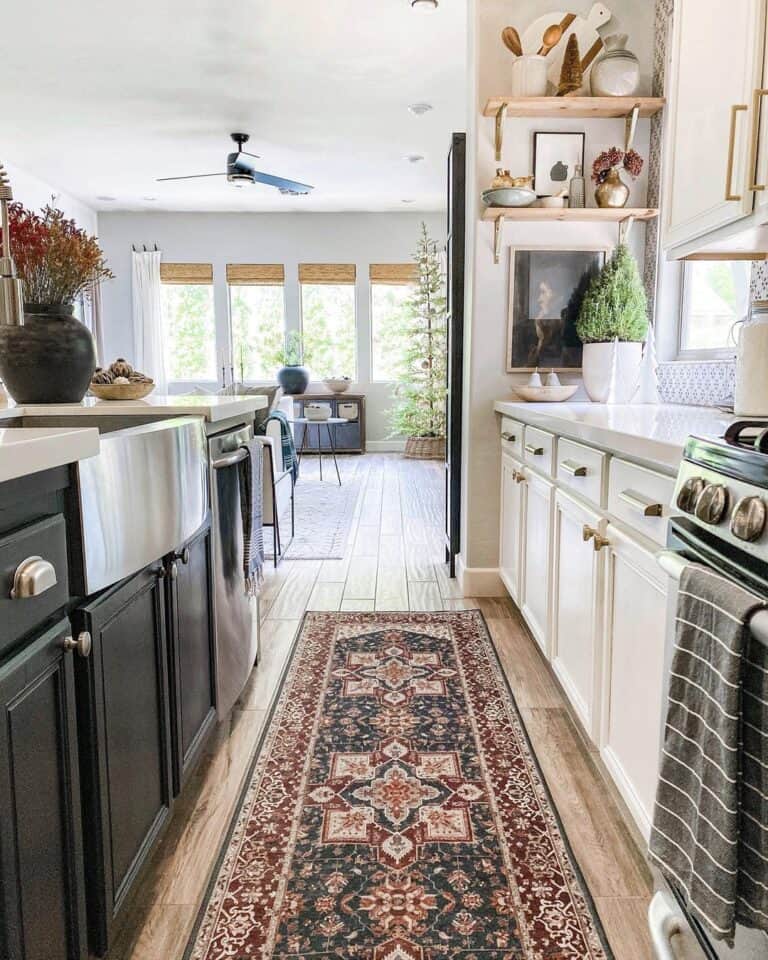 Black and Red Kitchen Runner Between Black and White Cabinets