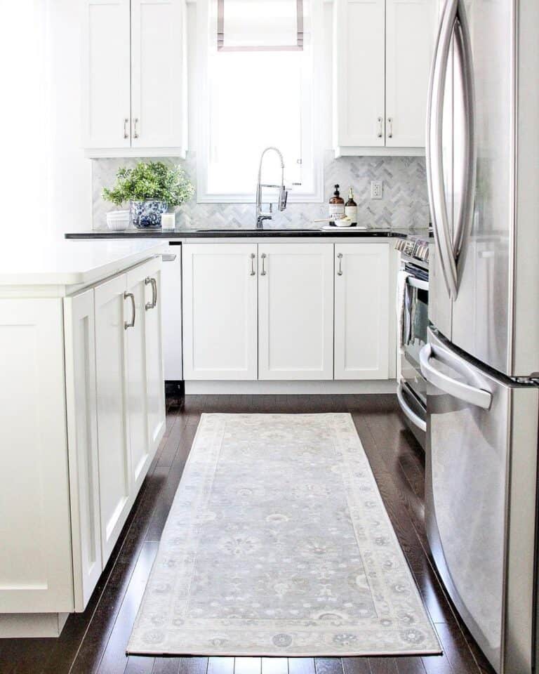 White Kitchen Runner Mat on a Dark Wood Floor