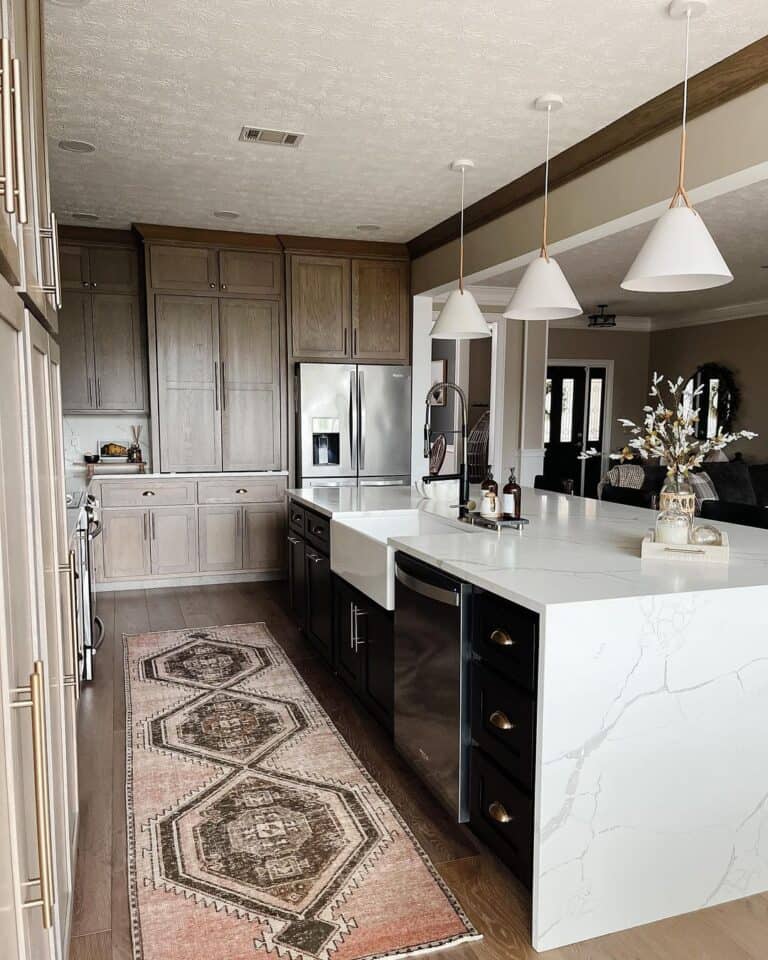 Geometric Red Kitchen Runner Mat and Wood Cabinets