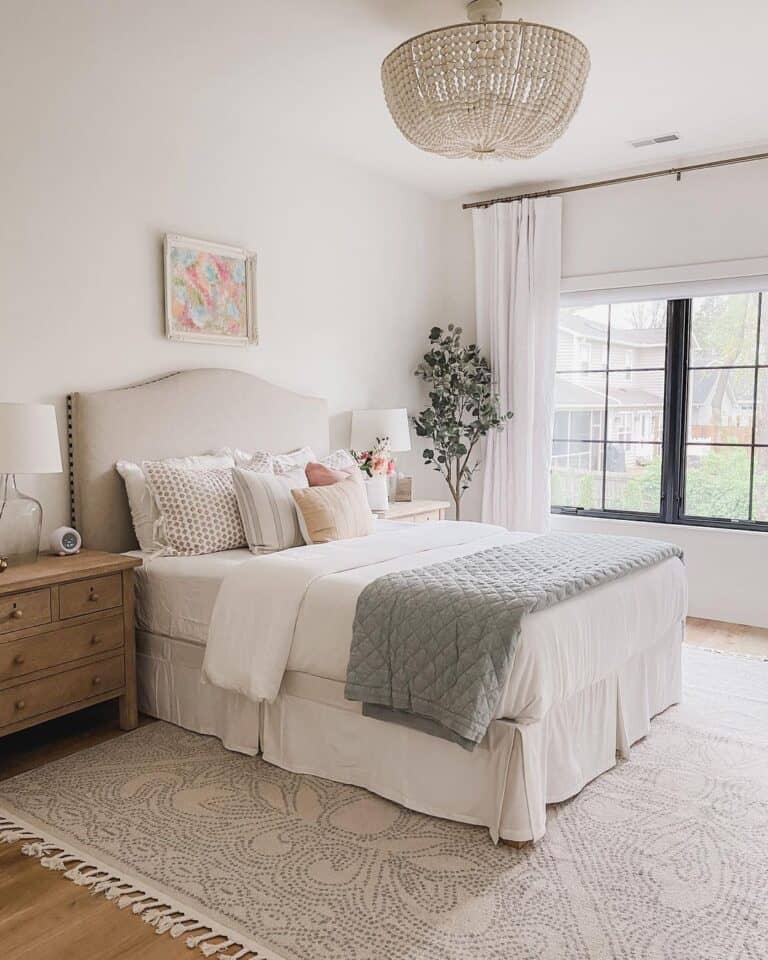 Bed with Beige Studded Upholstered Headboard