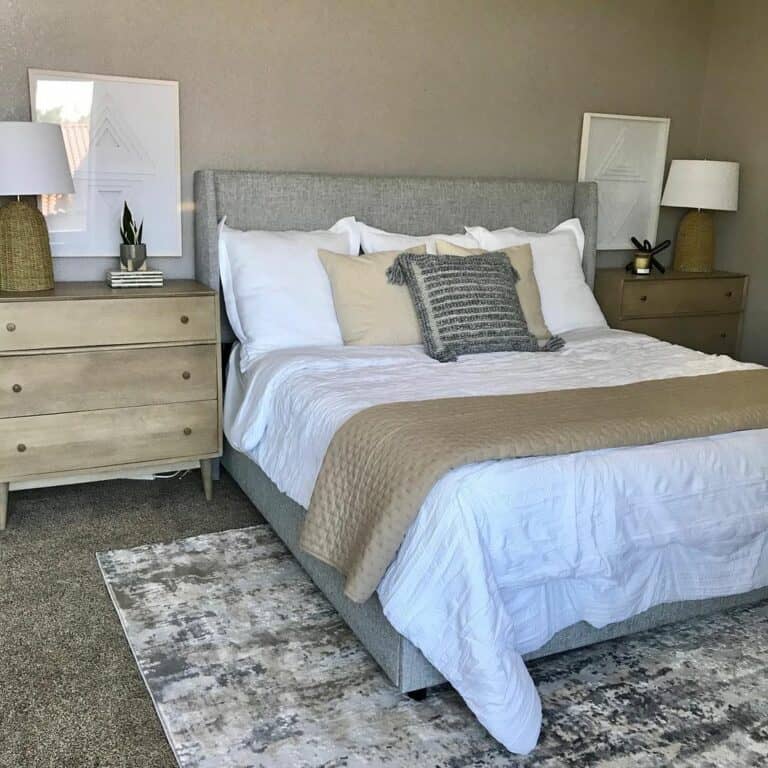 Rattan Lamps on Wide Nightstands with Drawers