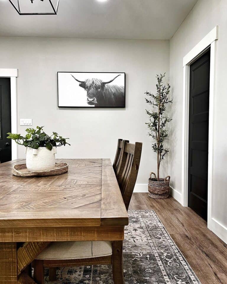 Patterned Rug Beneath Solid Wood Table