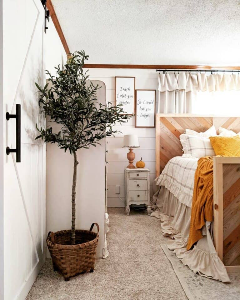 Vibrant Orange Accents in Shiplap Bedroom