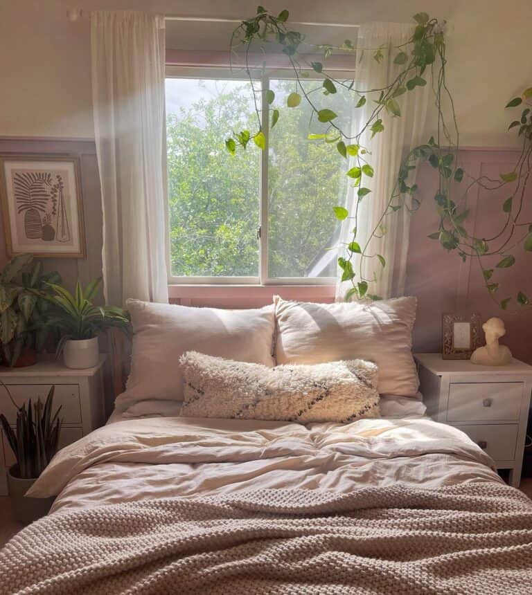 Modern Bohemian Bedroom With Purple Wainscoting