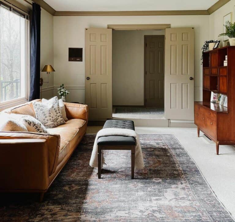 Narrow Vintage Living Room with Leather Couch