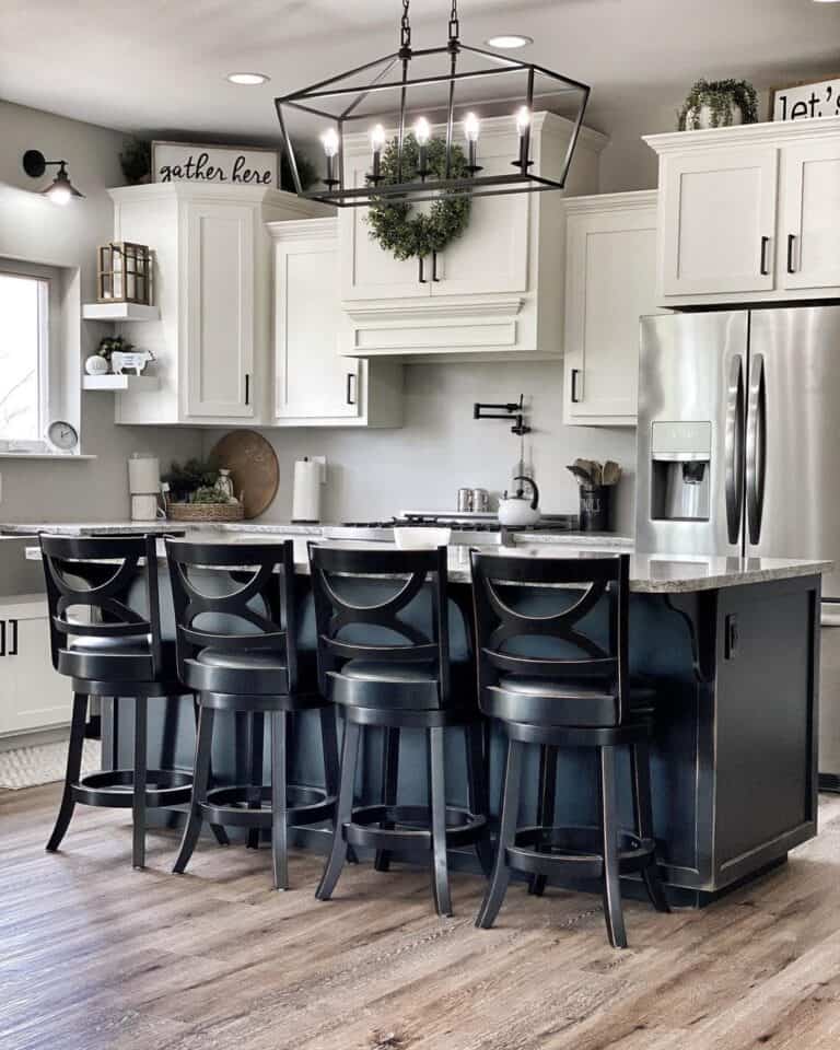 Dark Blue Island in White Kitchen