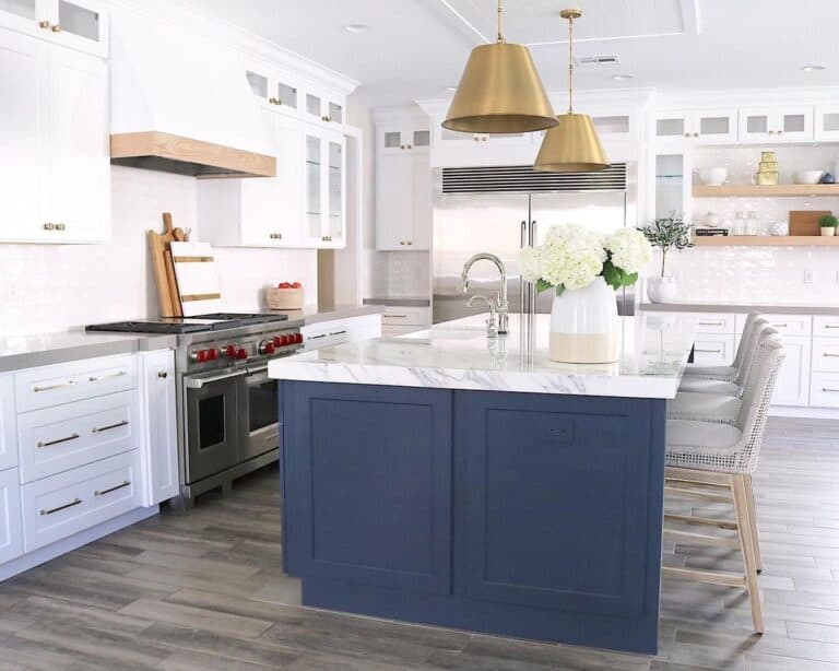 White Kitchen with Blue Kitchen Island
