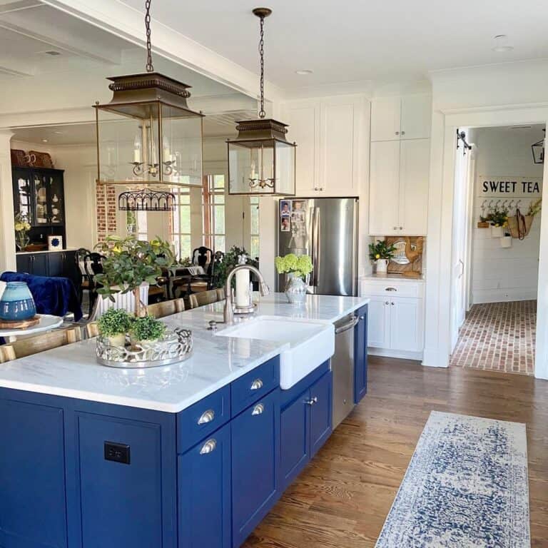 Navy Kitchen Island with White Apron Sink