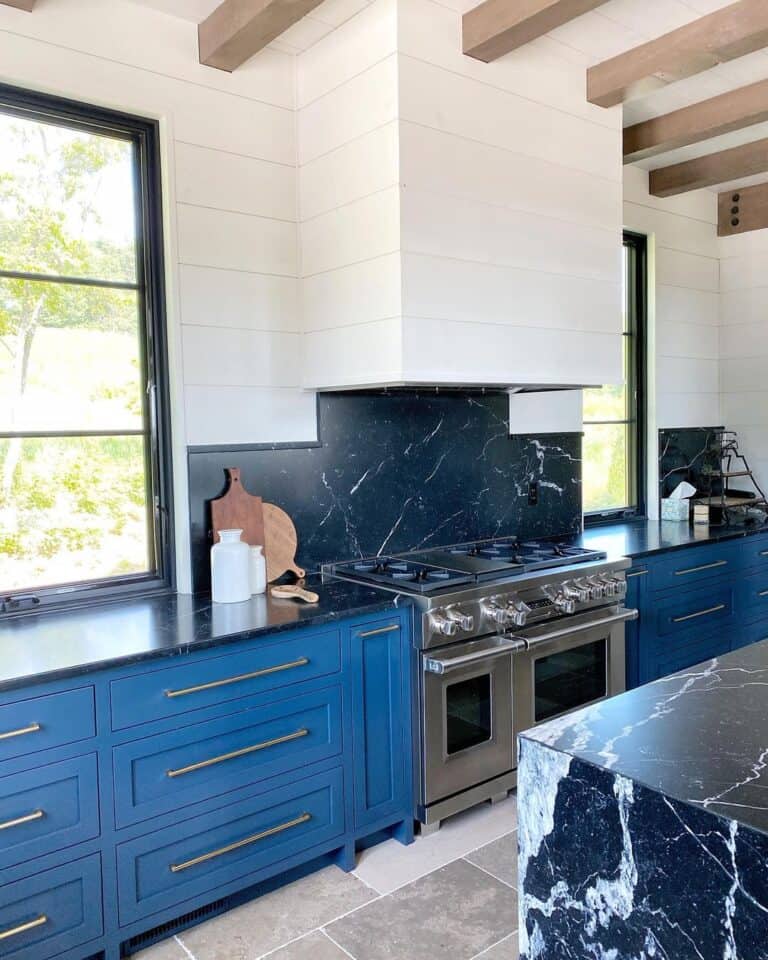White Shiplap Kitchen with Navy Cabinets