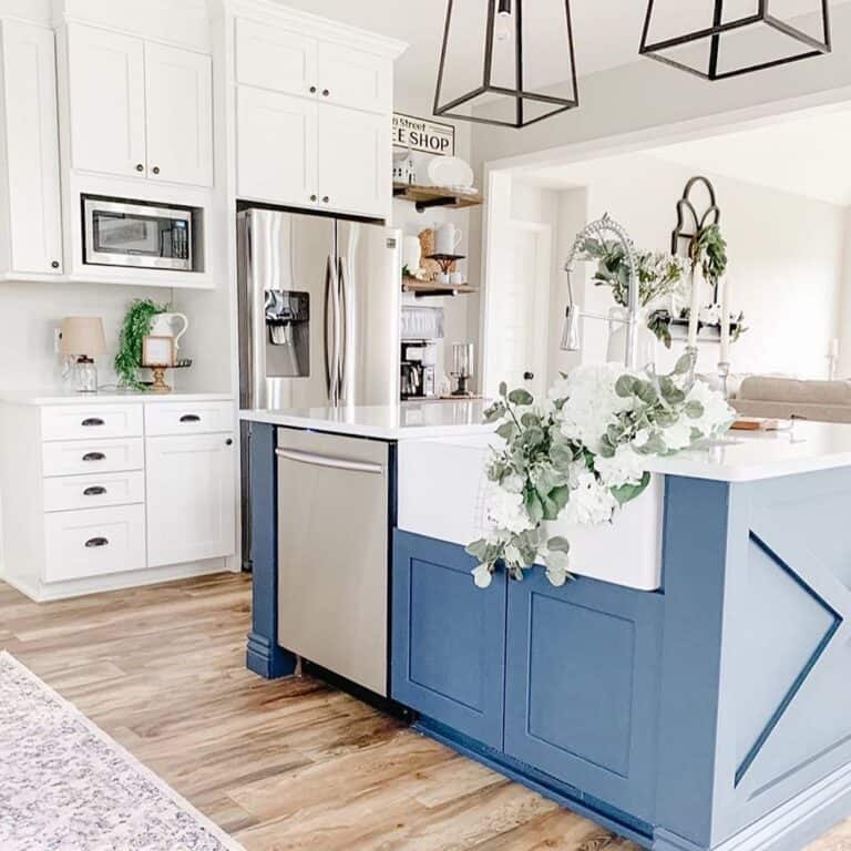 Oversized White Apron Sink in Navy Kitchen Island