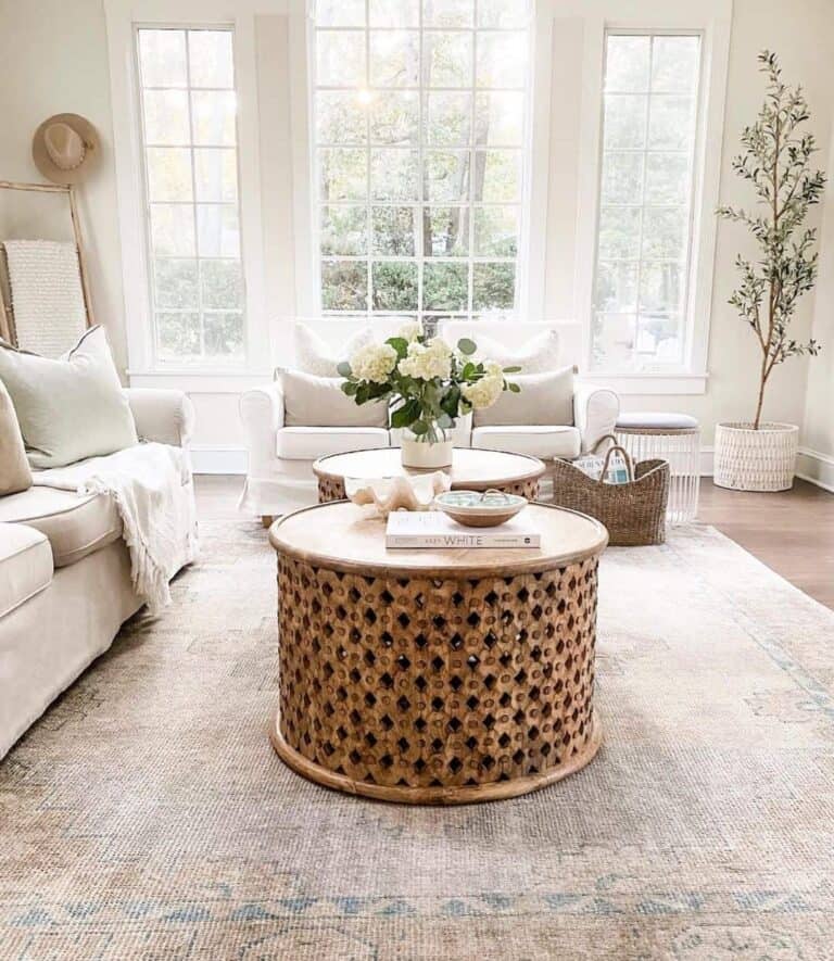 Living Room With Textured Wood Coffee Tables