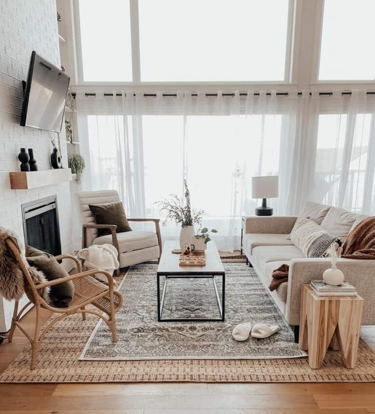 Spacious Rectangle Living Room Layout With Stone Fireplace