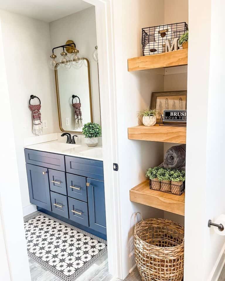 Blue and Grey Bathroom Décor with Shelves