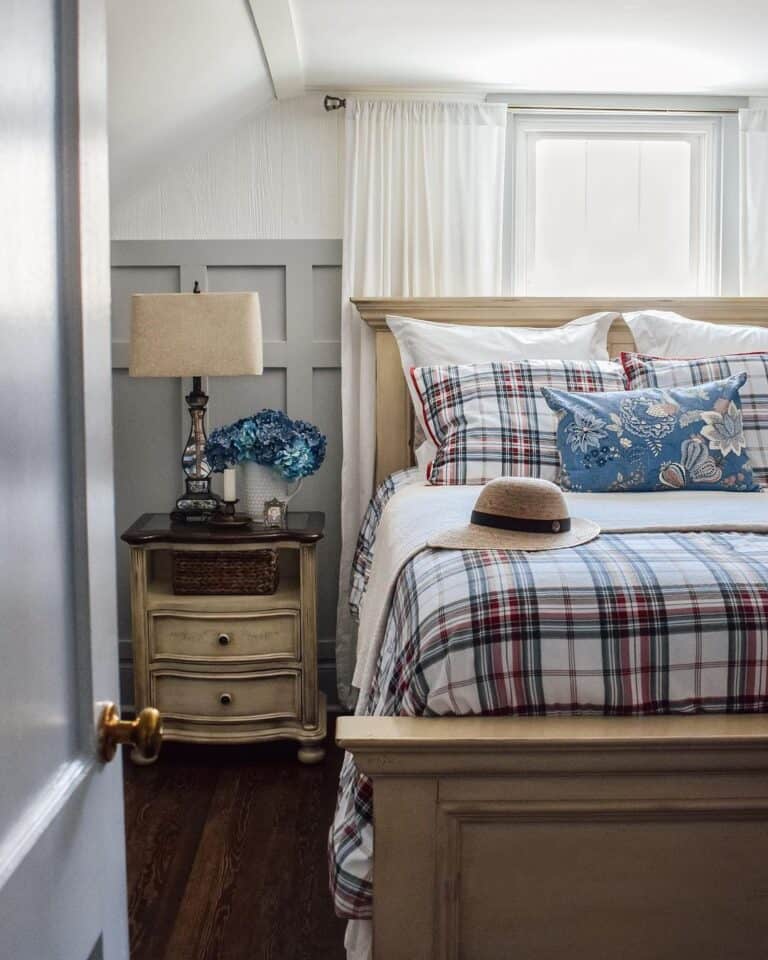 Plaid Bed with Gray Board and Batten Wall