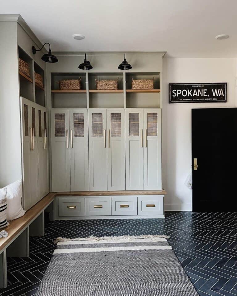 Wrap-Around Mudroom with Black Herringbone Floor