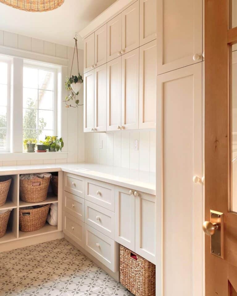 White and Beige Laundry Room with Patterned Tile Floor