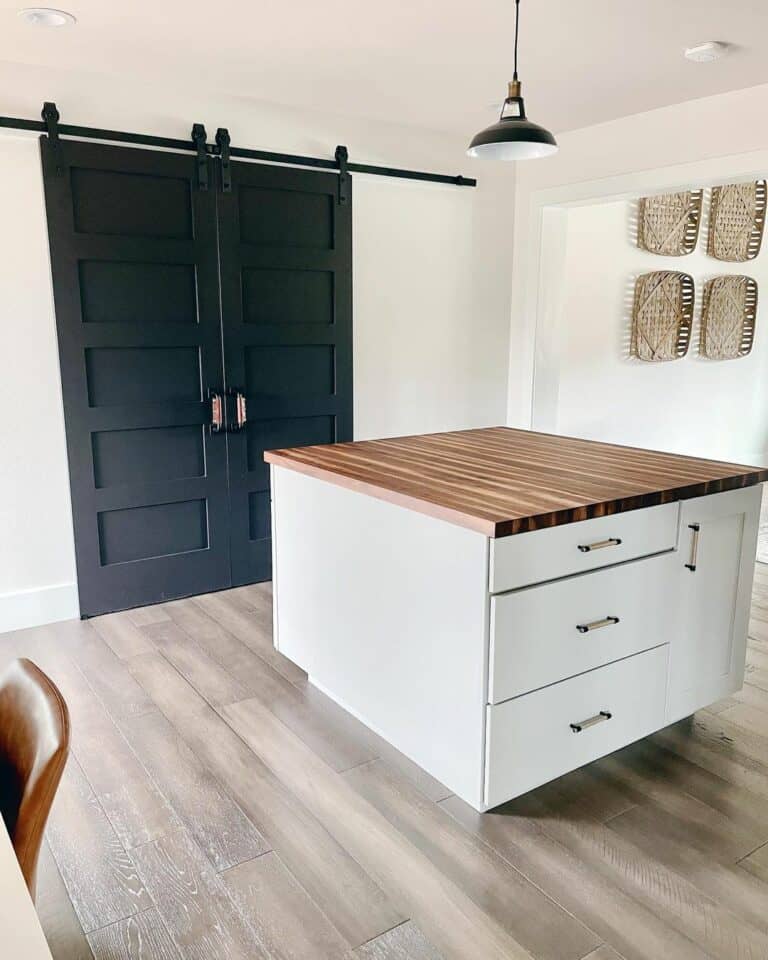Butcher Block Island Below Vintage Pendant