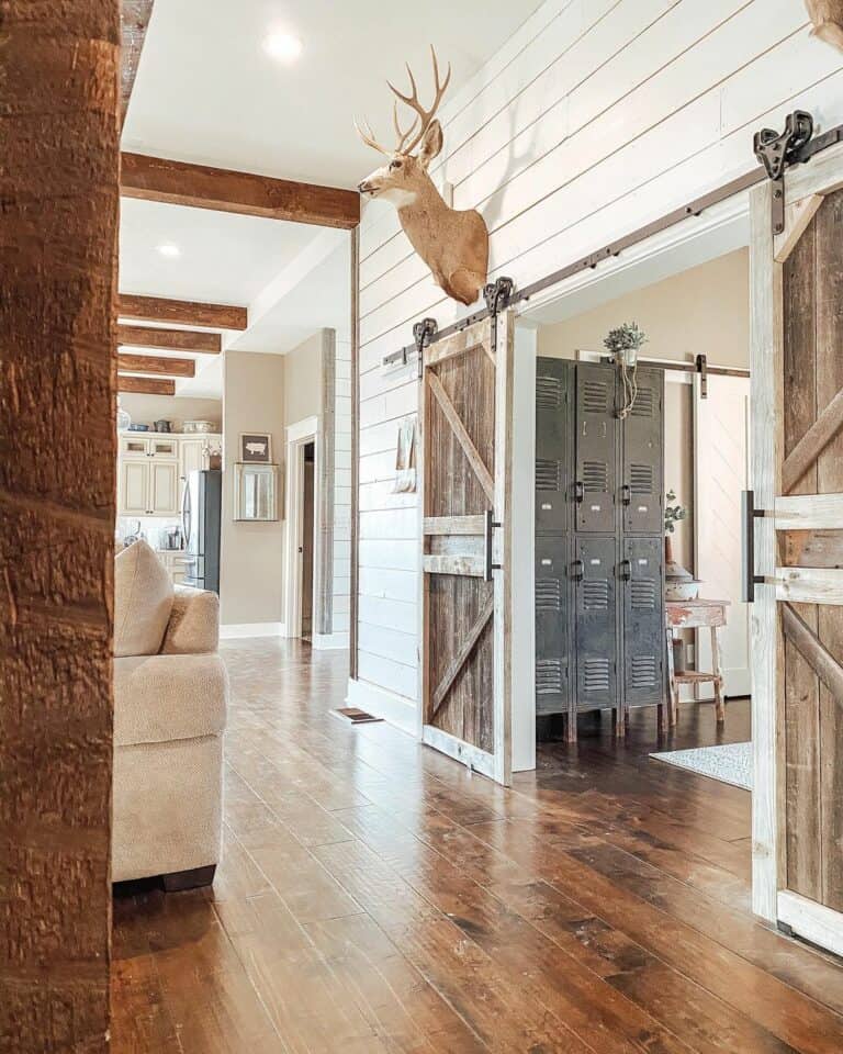 Antique Metal Lockers on Stained Wood Flooring