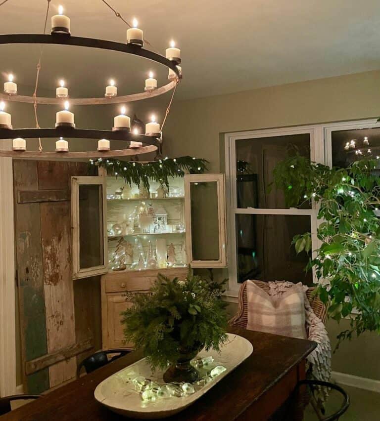 Twinkle Lights in a Rustic Hutch