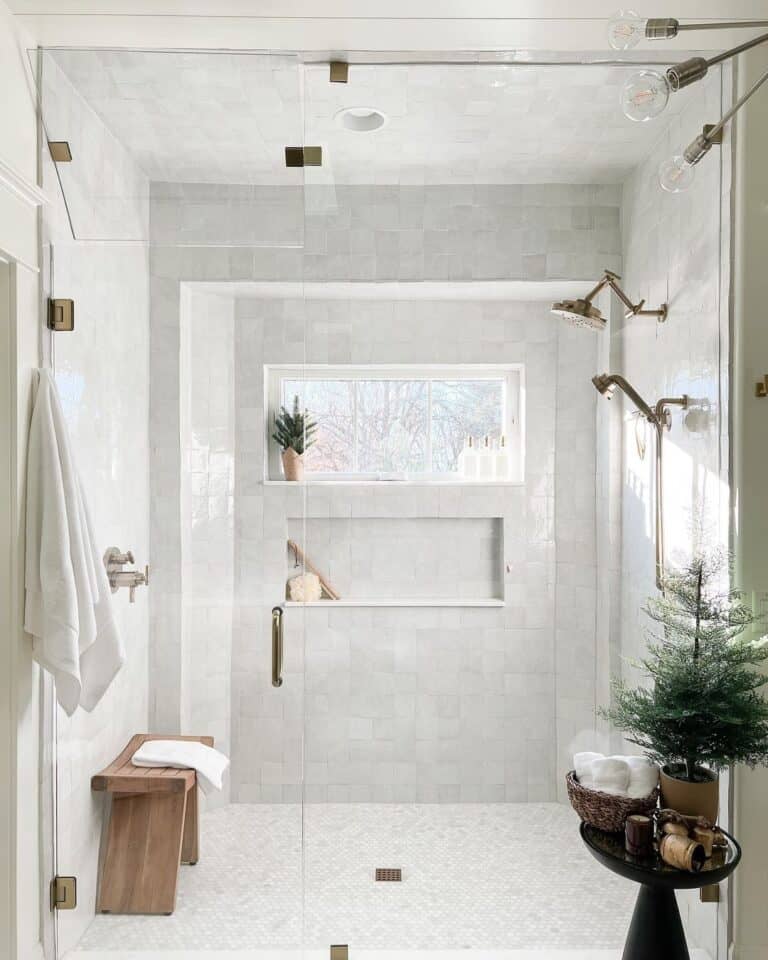 White Marble Tile Shower with Window