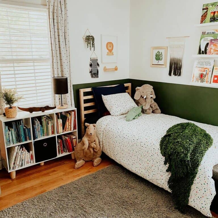 Emerald Green Accent Wall With White Shelves in Boy