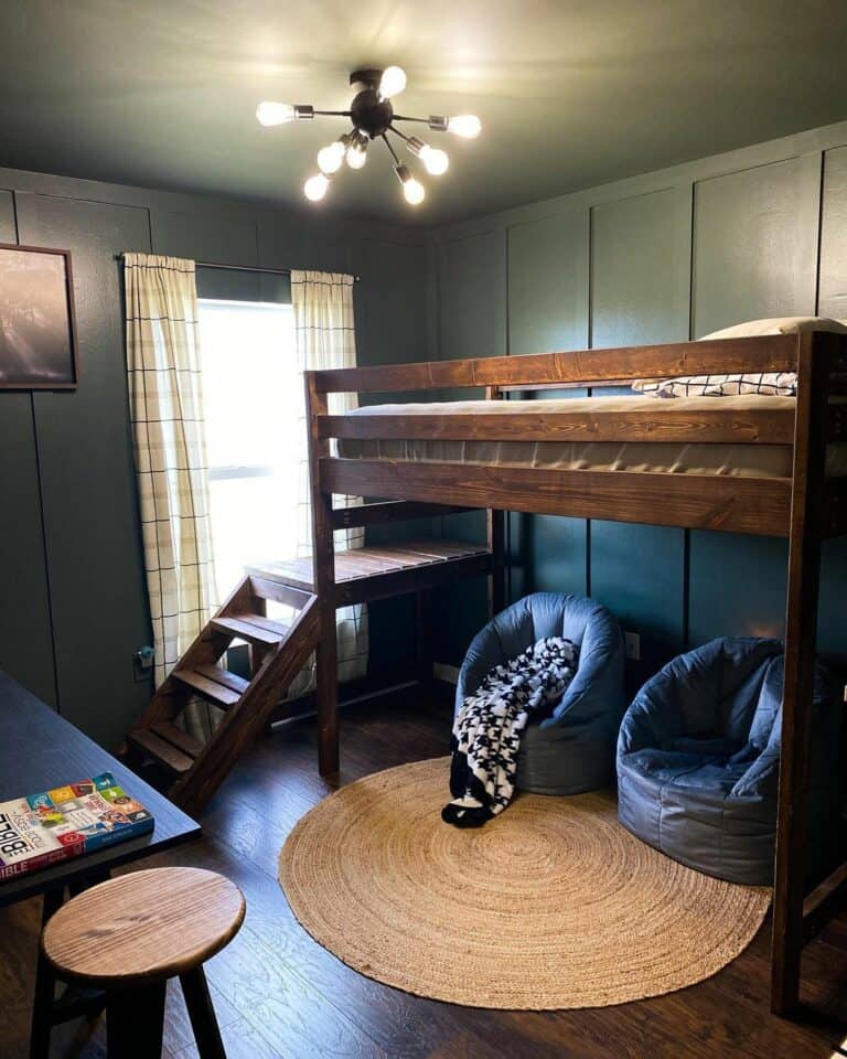 Dark Olive Walls and Oak Bed in Bedroom