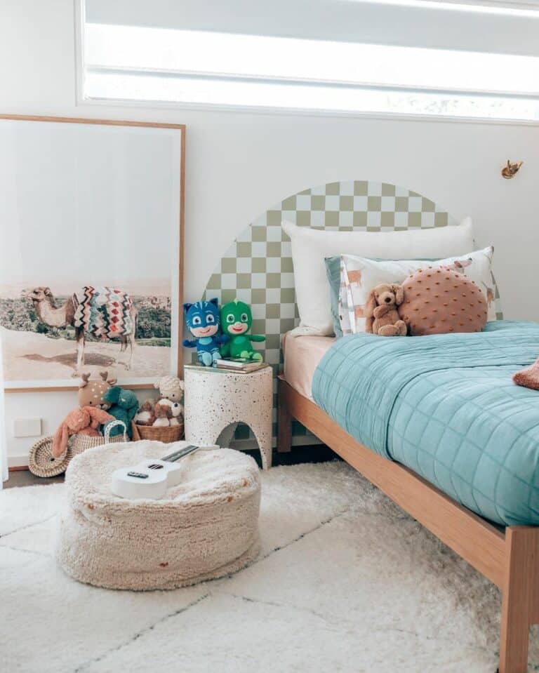 Cozy Bedroom With Wooden Bed Frame and Sky-blue Covers