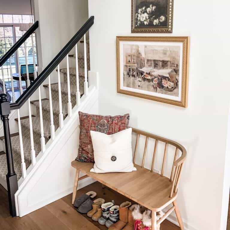 Wood Spindle Back Bench with Throw Pillows