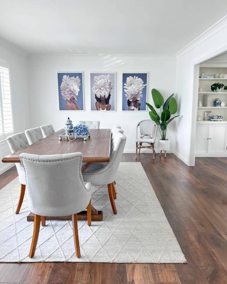 Farmhouse Dining Room With Wooden Table