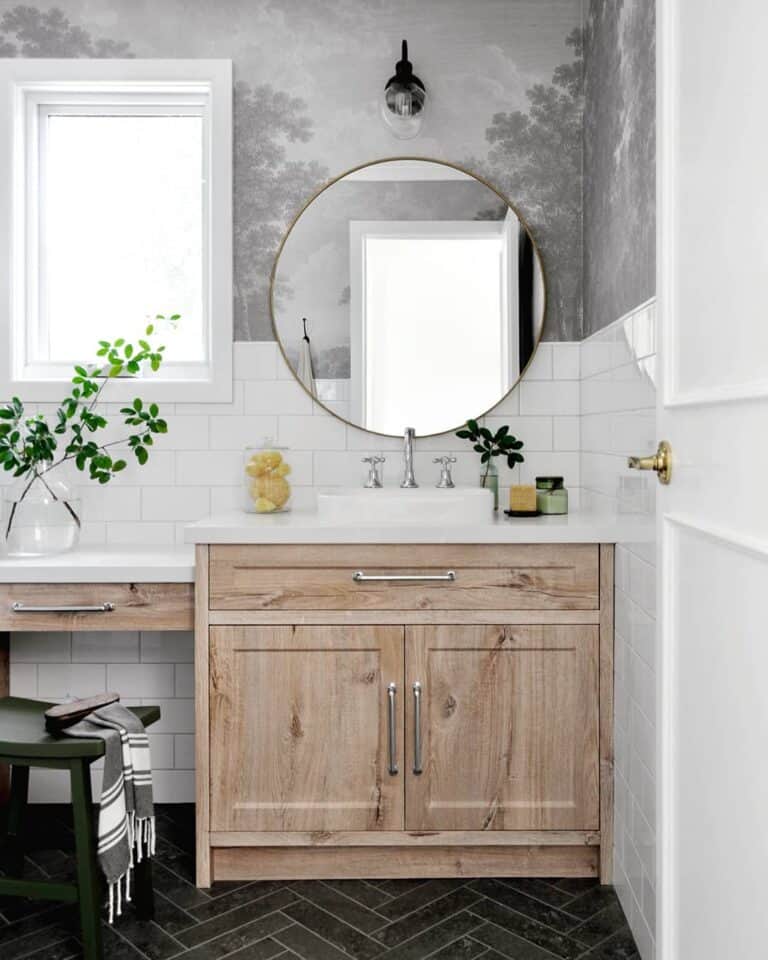 Metallic Hardware Dresses Up a Rustic Vanity