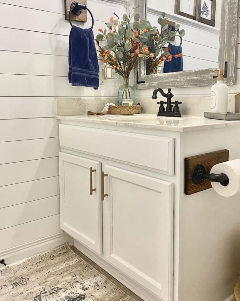 Farmhouse Bathroom with White Shiplap Walls