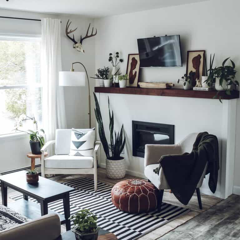 Long Mantel Accommodates Plant Décor