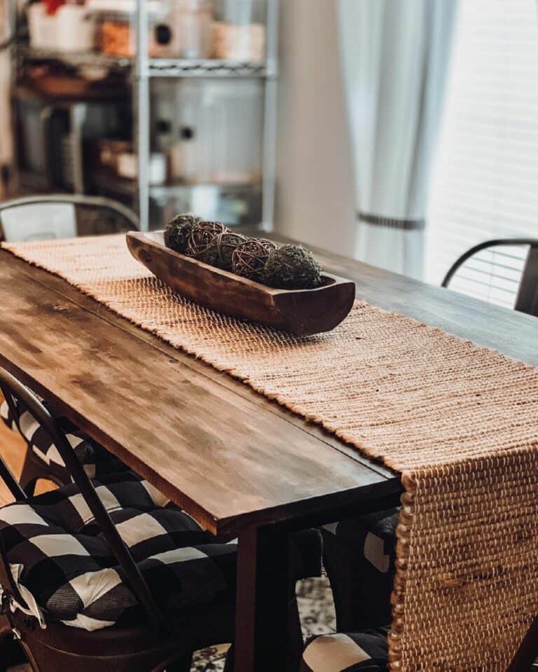Woven Dining Runner and Wood Tray Centerpiece With Potpourri