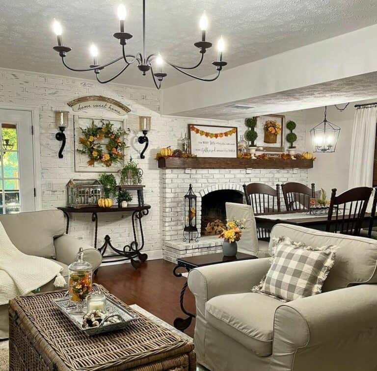 Woven Coffee Table Beneath a Black Chandelier