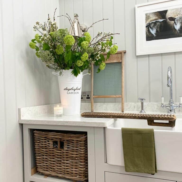 White Open Shelf With Woven Storage Basket